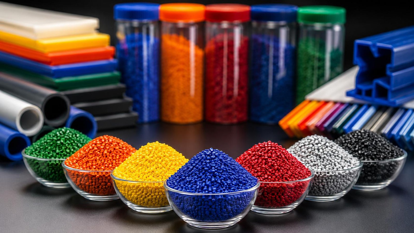 Colorful polymer masterbatch pellets — white, black, and colour grades
