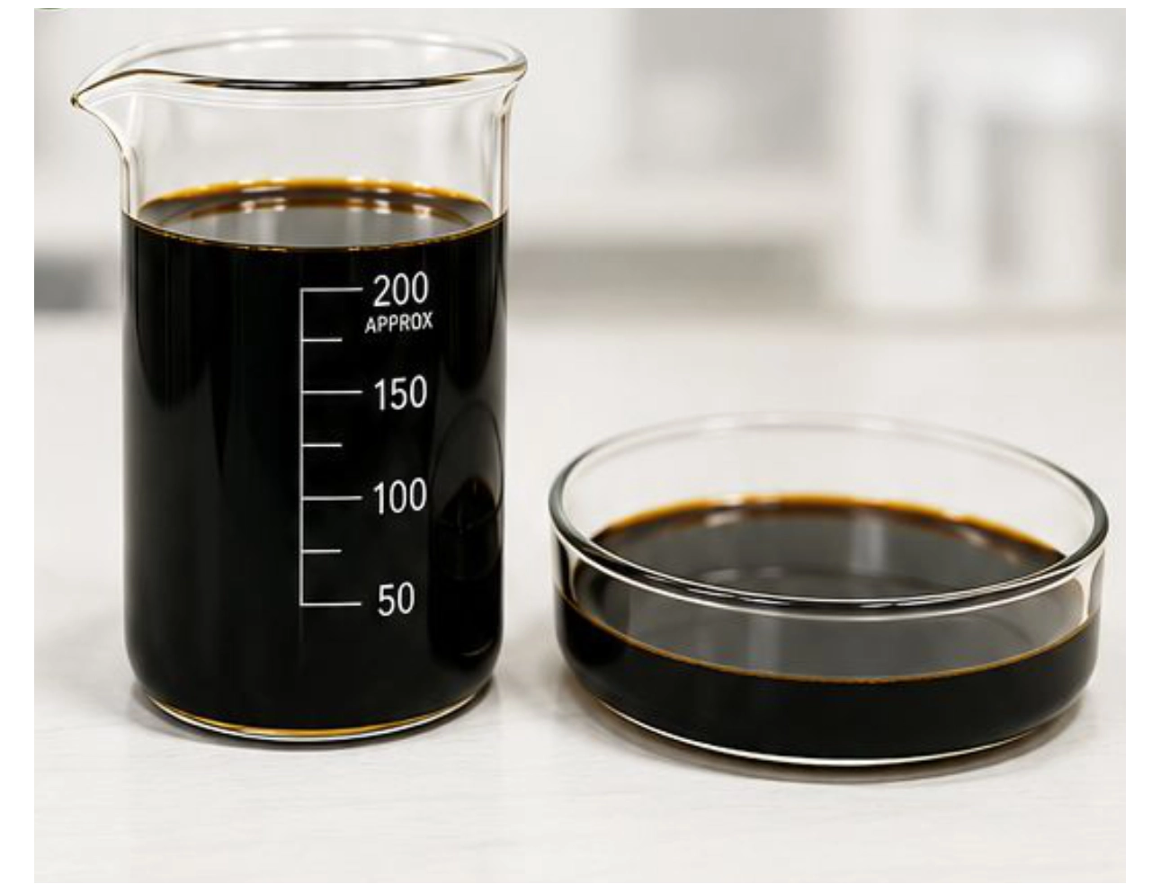Dark, highly viscous Residol liquid in laboratory beaker — high-boiling residue from CNSL distillation